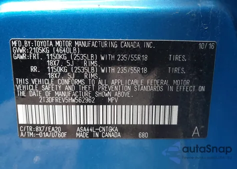 2017 Toyota Rav4 Limited из США, поврежденный, VIN 2T3DFREV5HW562962